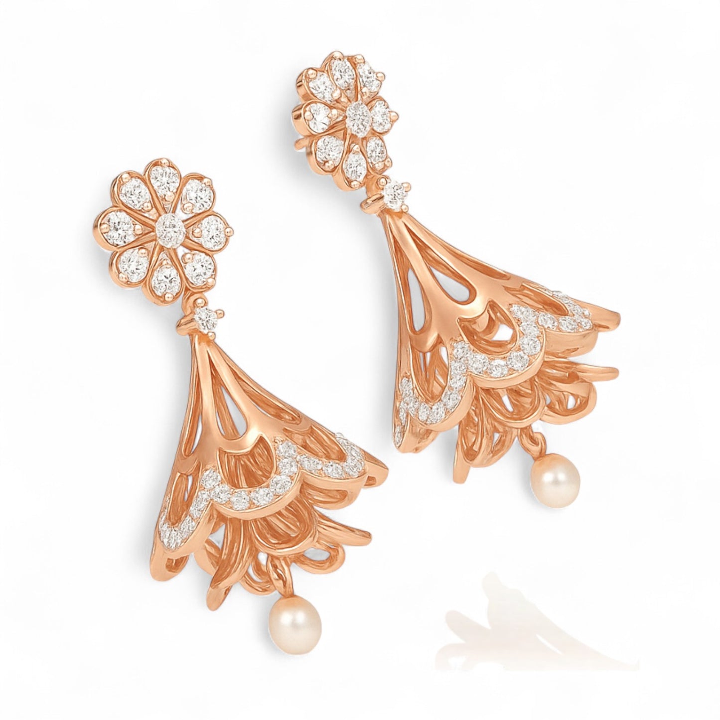 Gold Jhumka Floral Earrings with Diamond