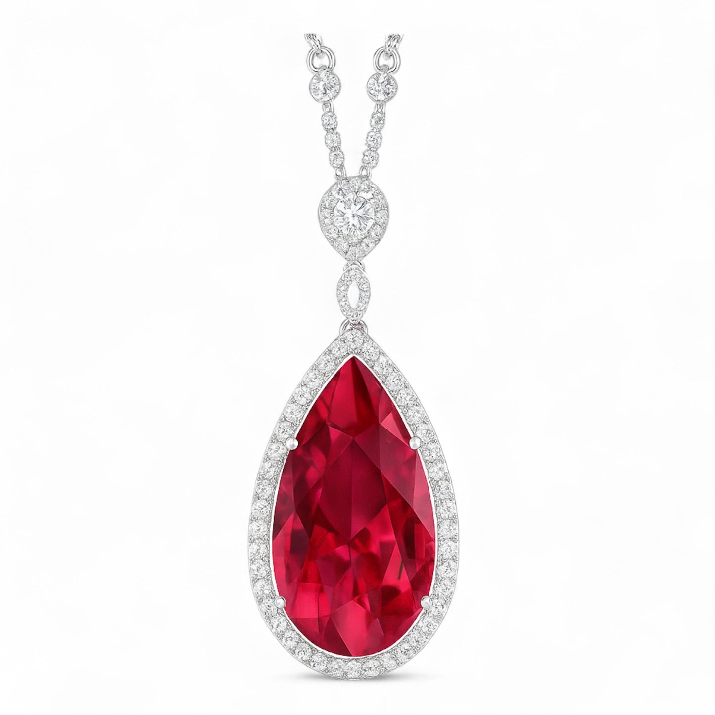 Regal Ruby Drop Pendant with Diamond Halo