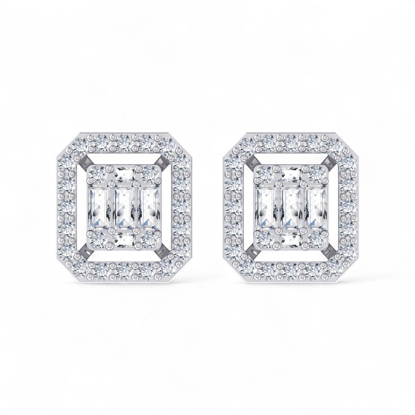 Square Frame Baguette and Round Diamond Stud Earrings