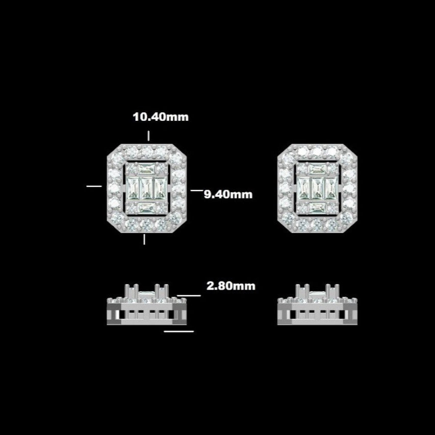 Square Frame Baguette and Round Diamond Stud Earrings