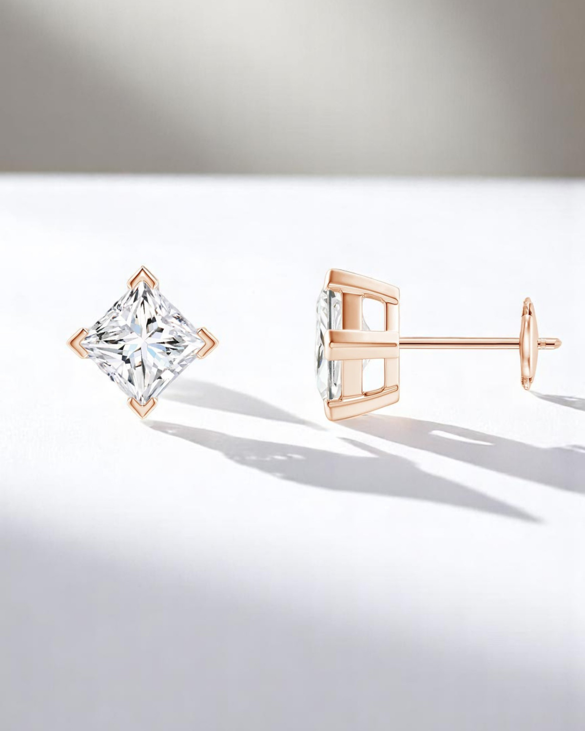 4 Prong Princess Solitaire Stud Earrings