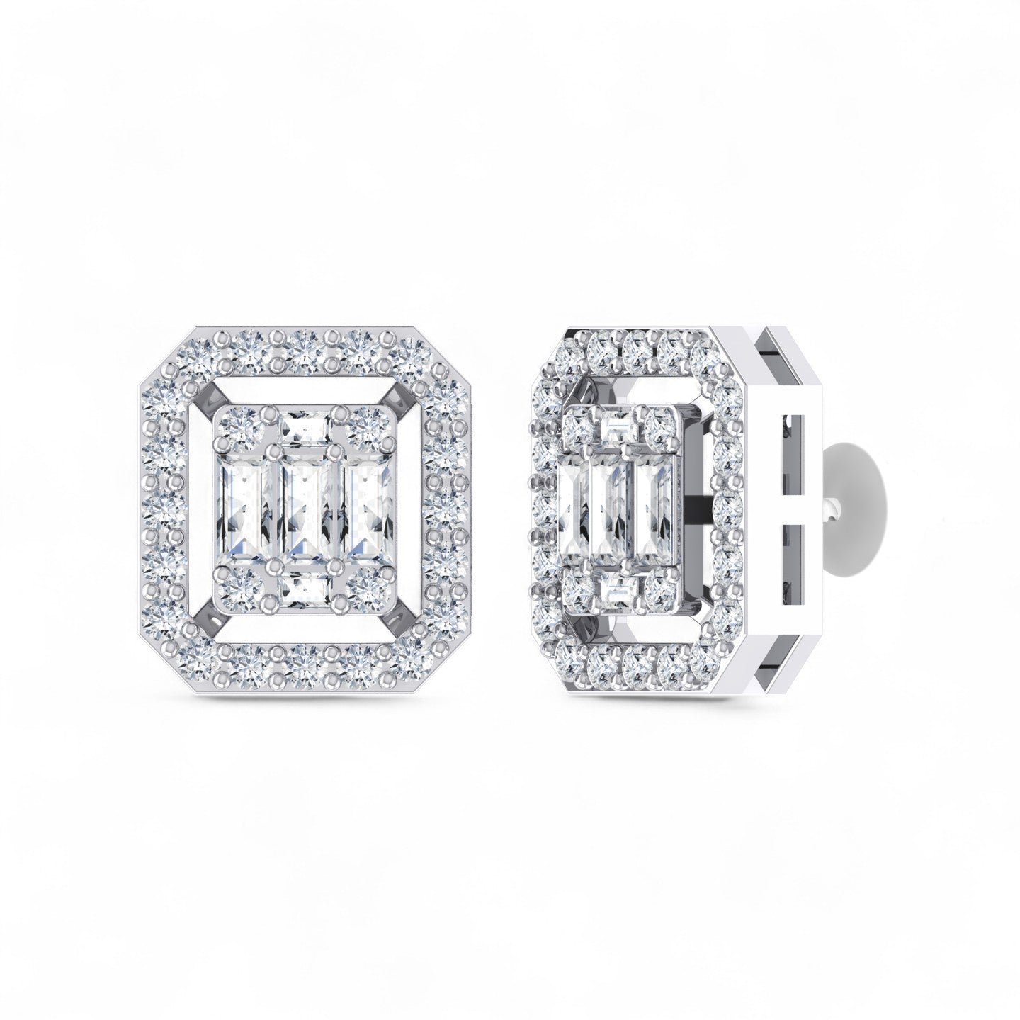 Square Frame Baguette and Round Diamond Stud Earrings