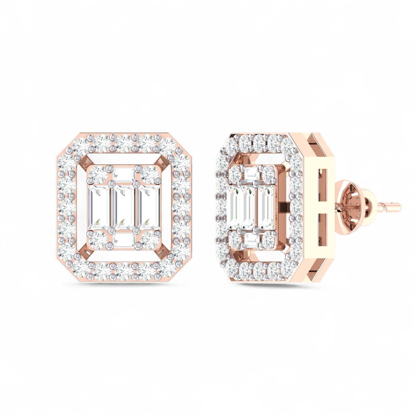 Square Frame Baguette and Round Diamond Stud Earrings