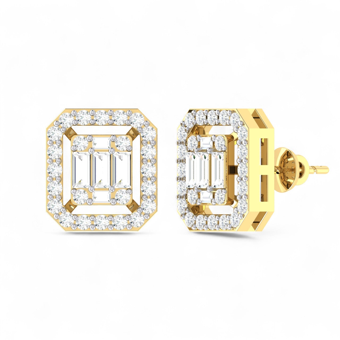 Square Frame Baguette and Round Diamond Stud Earrings