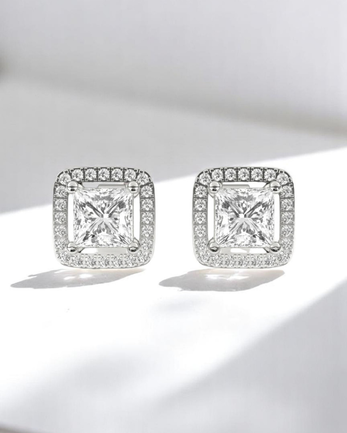 Princess Halo Solitaire Stud Earrings