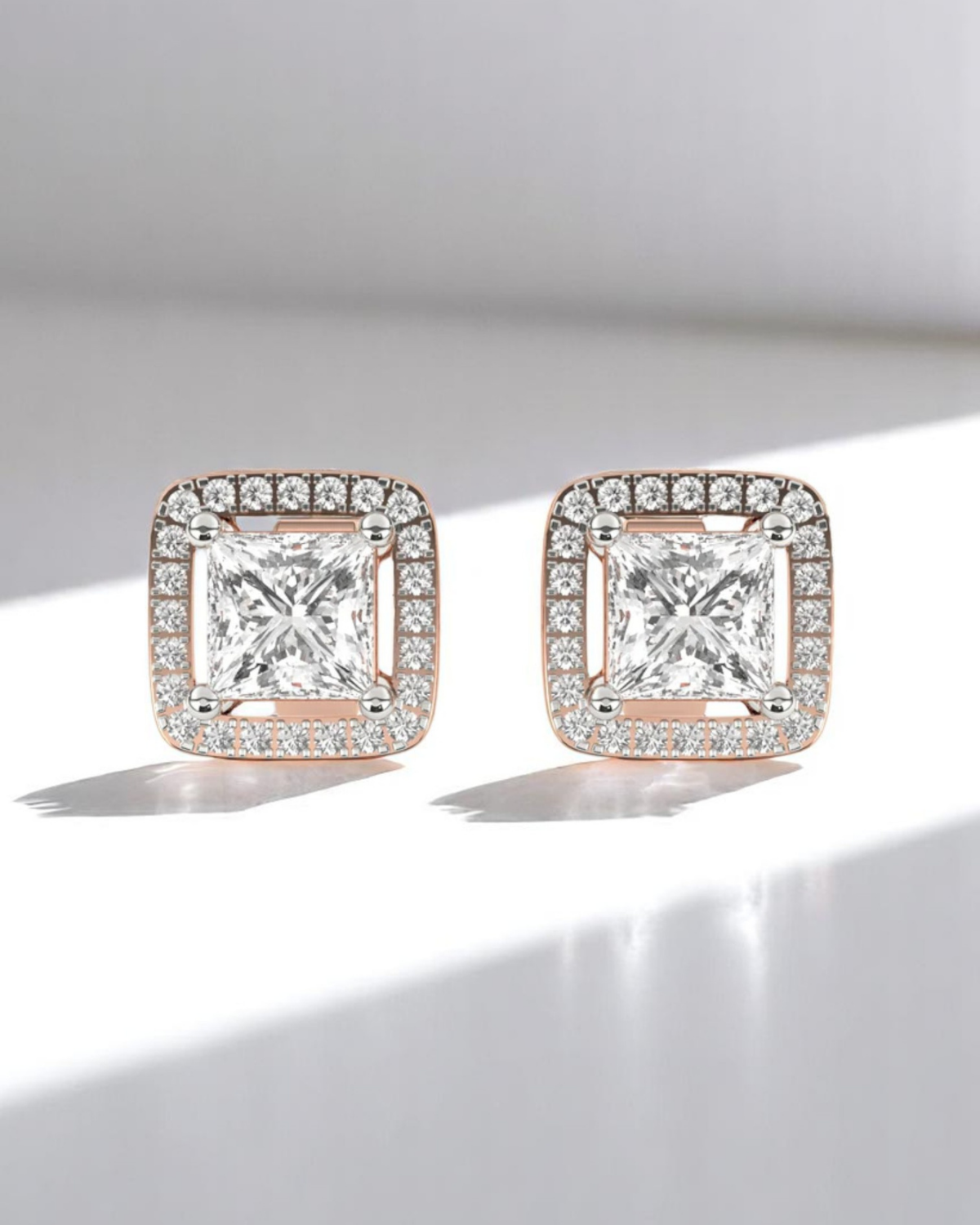 Princess Halo Solitaire Stud Earrings