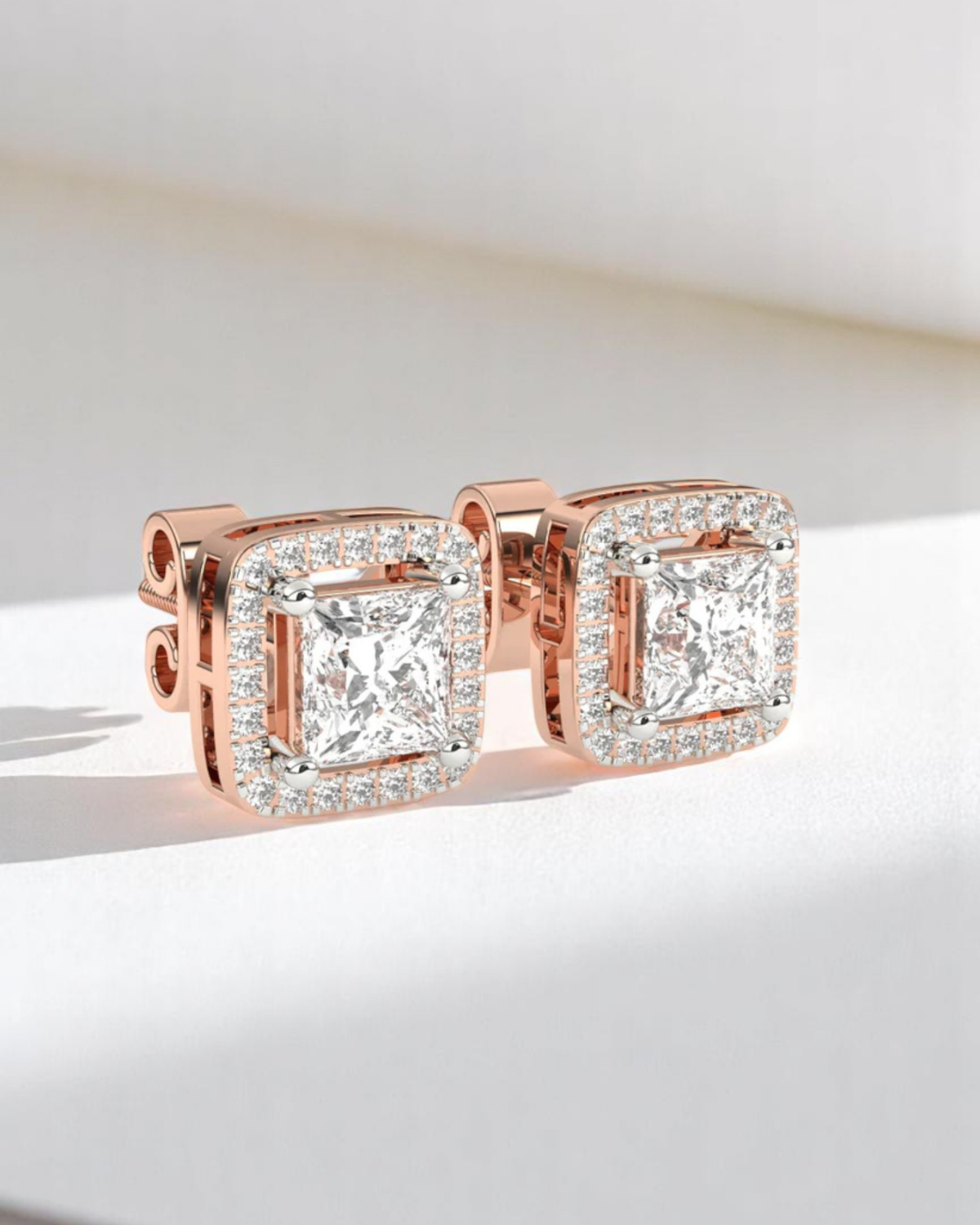 Princess Halo Solitaire Stud Earrings