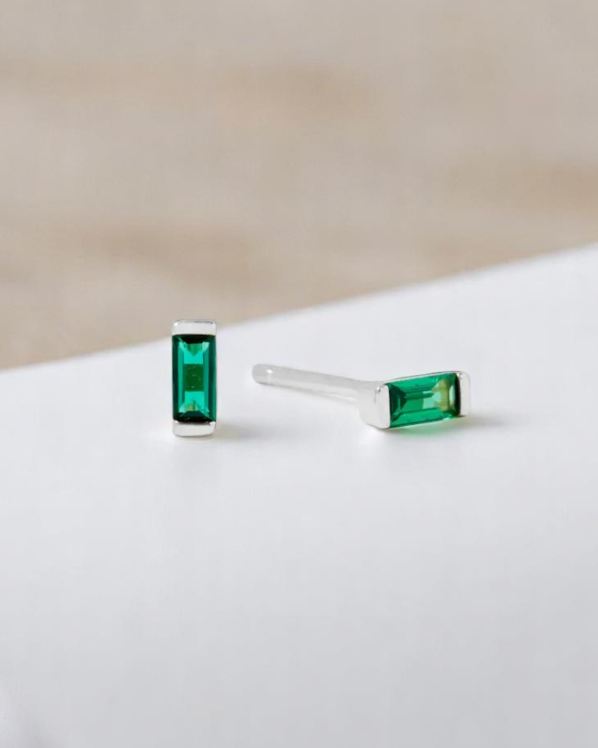 Green Emerald Solitaire Baguette Bezel Studs