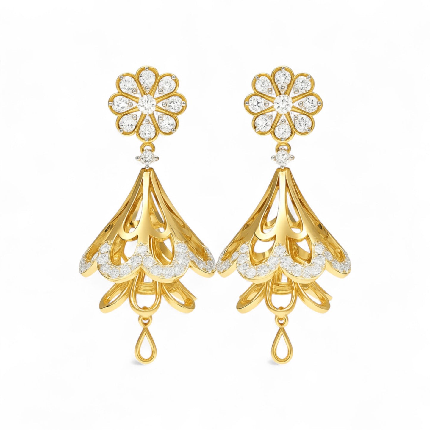 Gold Jhumka Floral Earrings with Diamond
