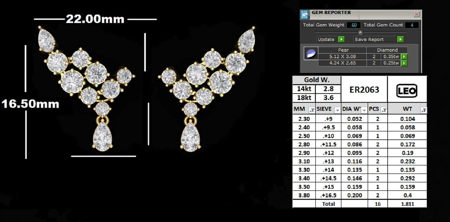 Cascading Pear & Round Diamond Ear Climbers