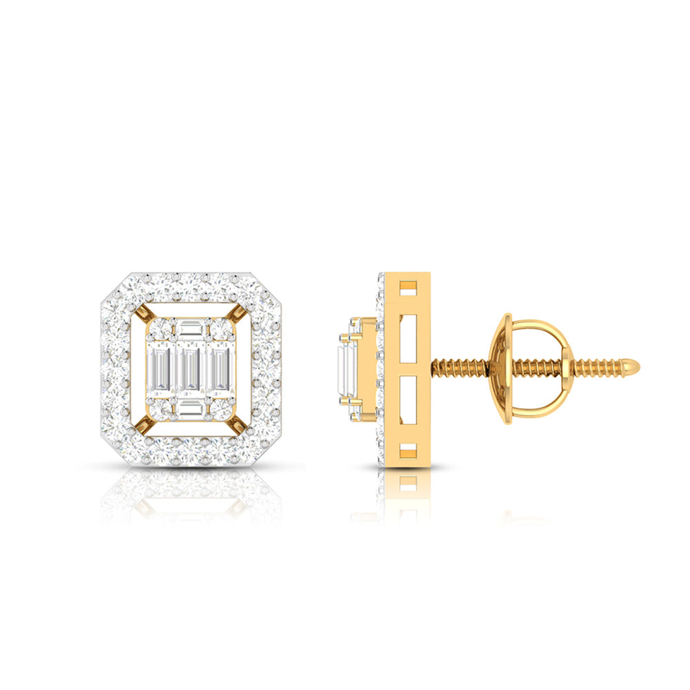 Rectangular Emerald Halo Diamond Stud Earrings