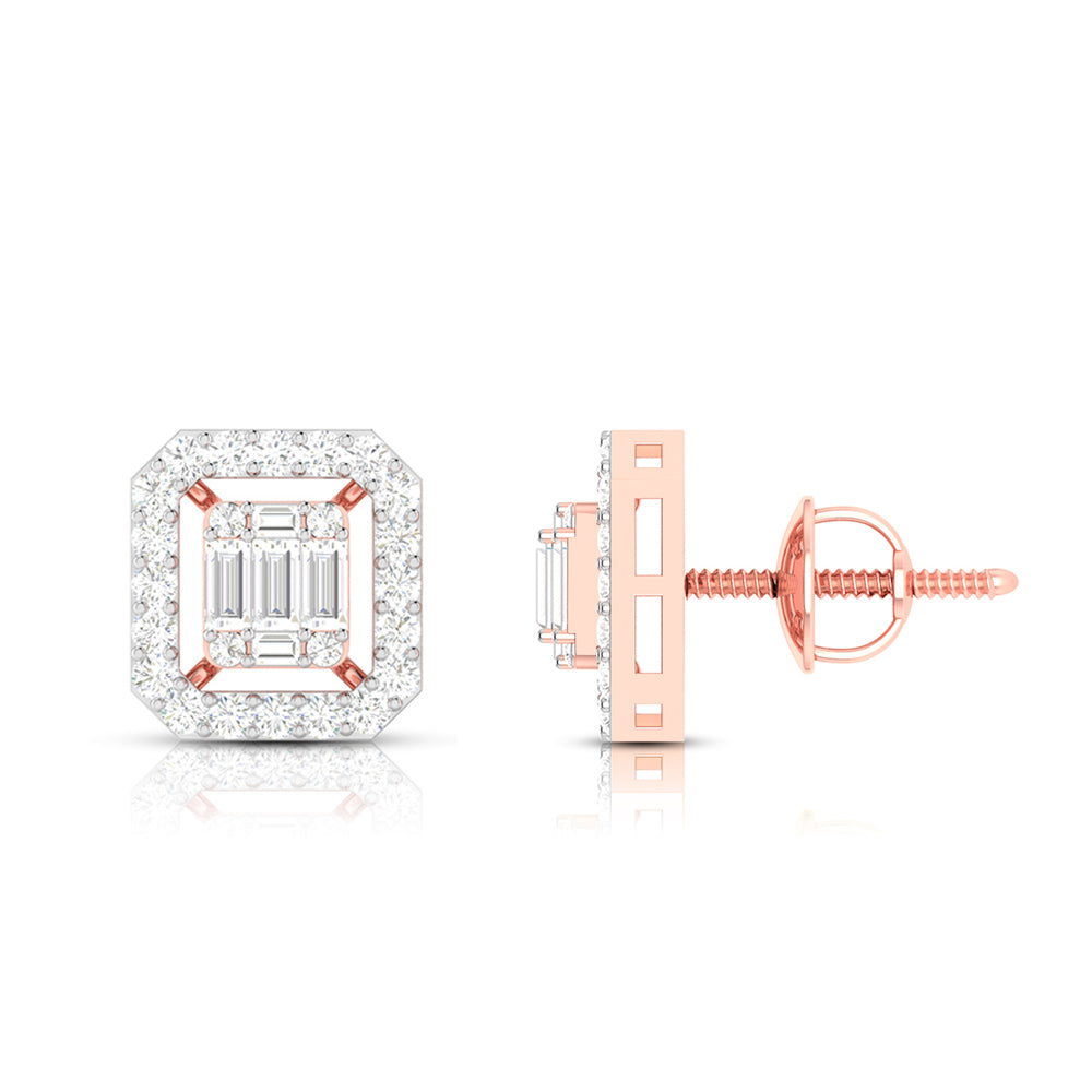Rectangular Emerald Halo Diamond Stud Earrings