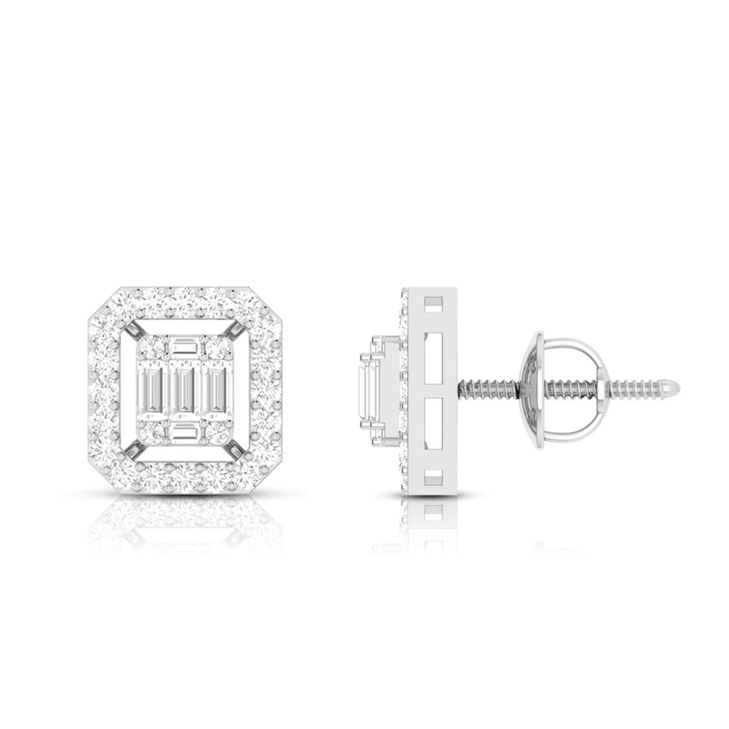 Rectangular Emerald Halo Diamond Stud Earrings