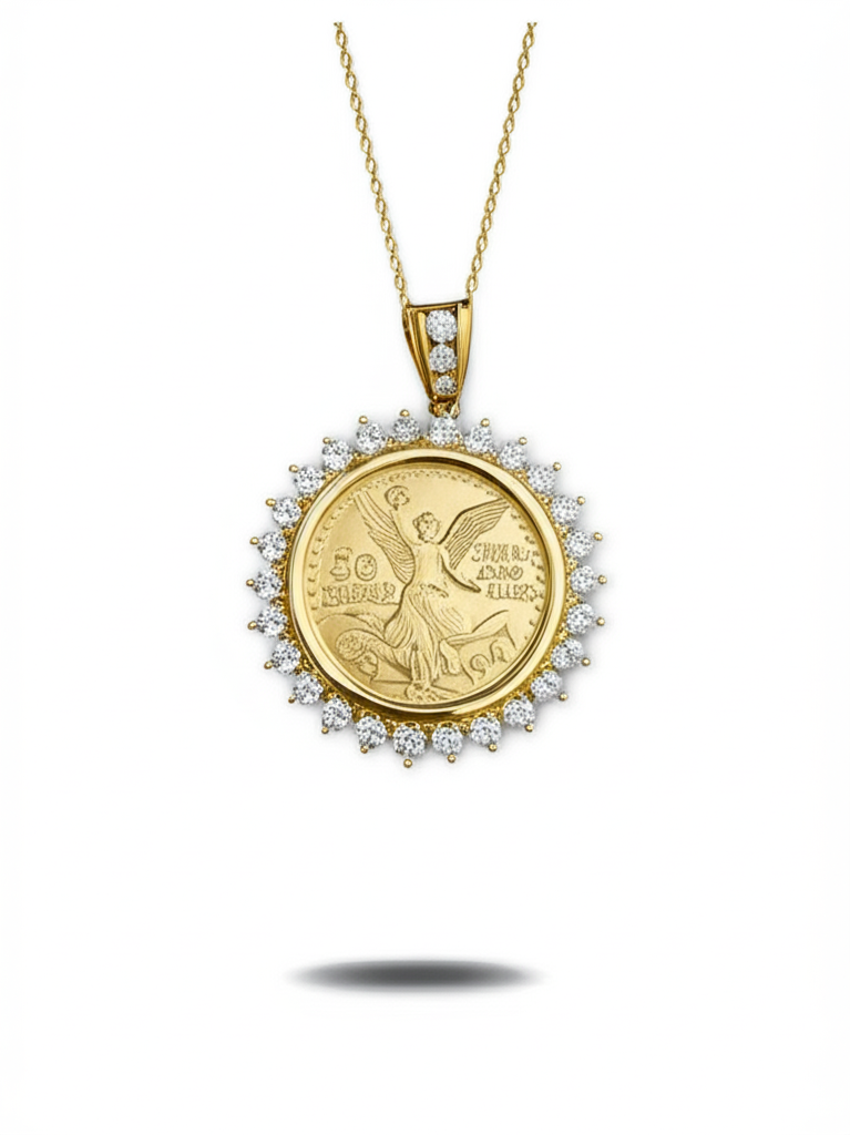 Mexican Coin Halo Large Gold and Diamond Pendant