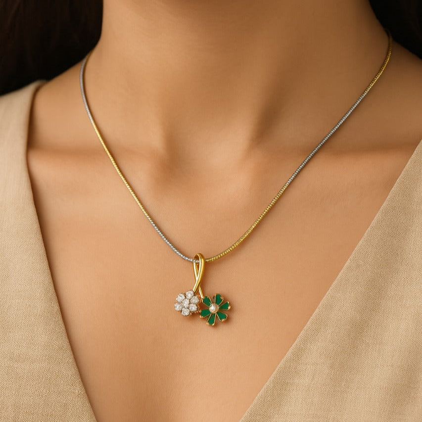 Gold Diamond Emerald Green Floral Pendant