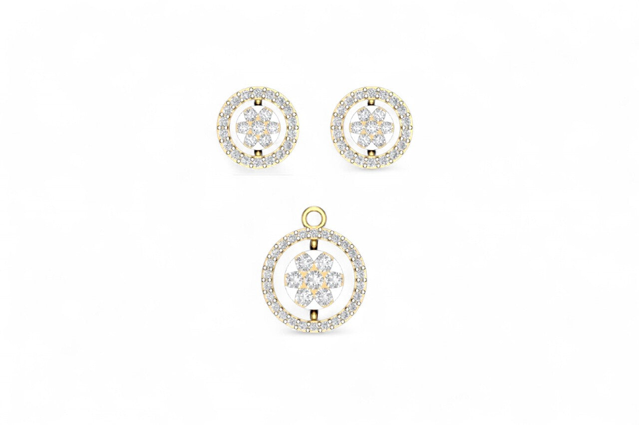 Floral Round Diamond Halo Pendant and Earrings