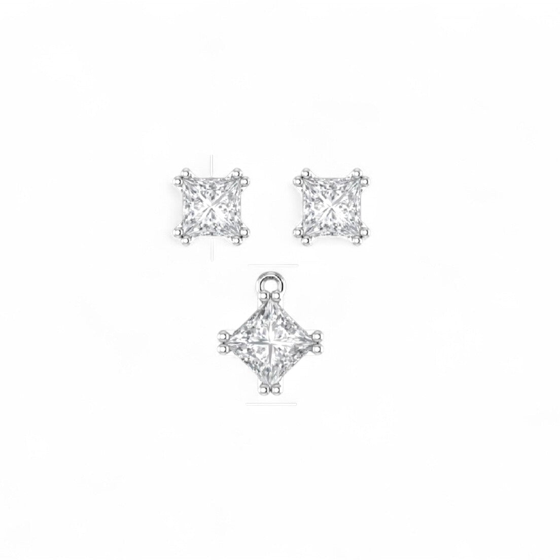 Princess Cut Solitaire Diamond Earrings and Pendant Set