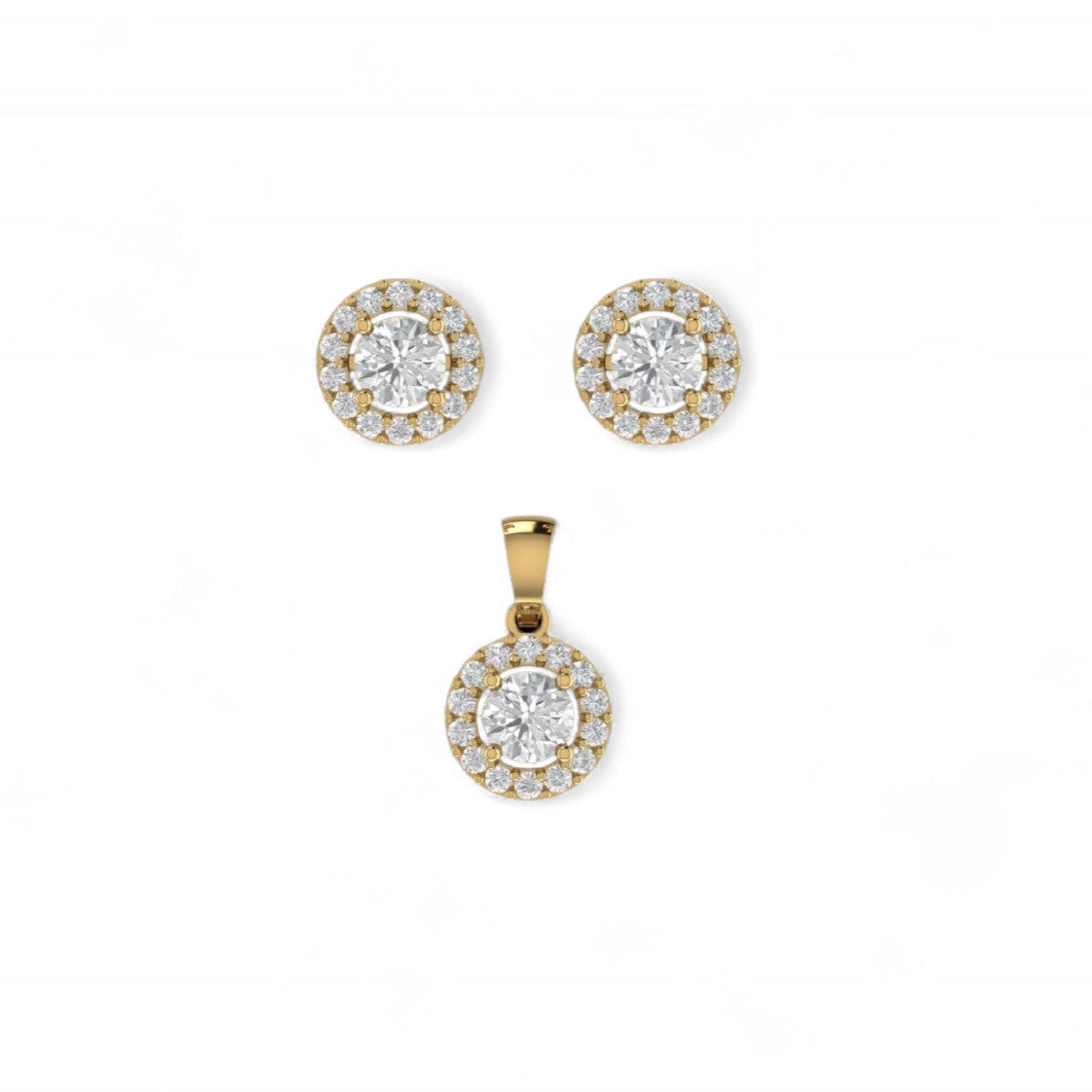 Radiant Round Halo Diamond Pendant and Earrings Set