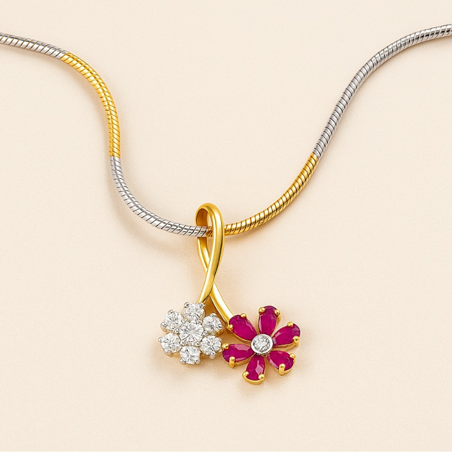 Gold Diamond Deep Rani Pink Floral Pendant