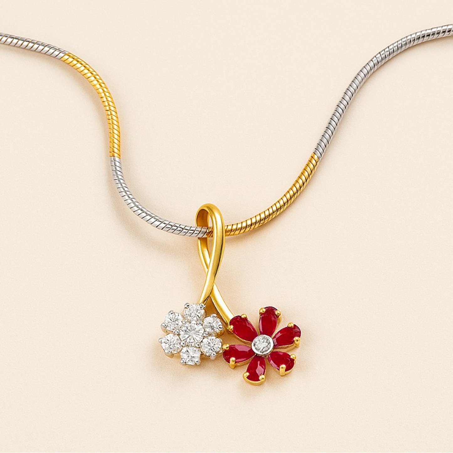 Gold Diamond Ruby Red Floral Pendant