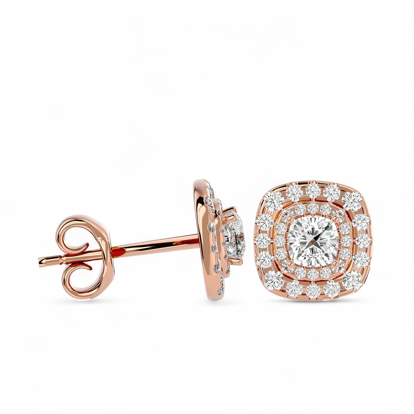 Cushion Double Halo Diamond Stud Earrings