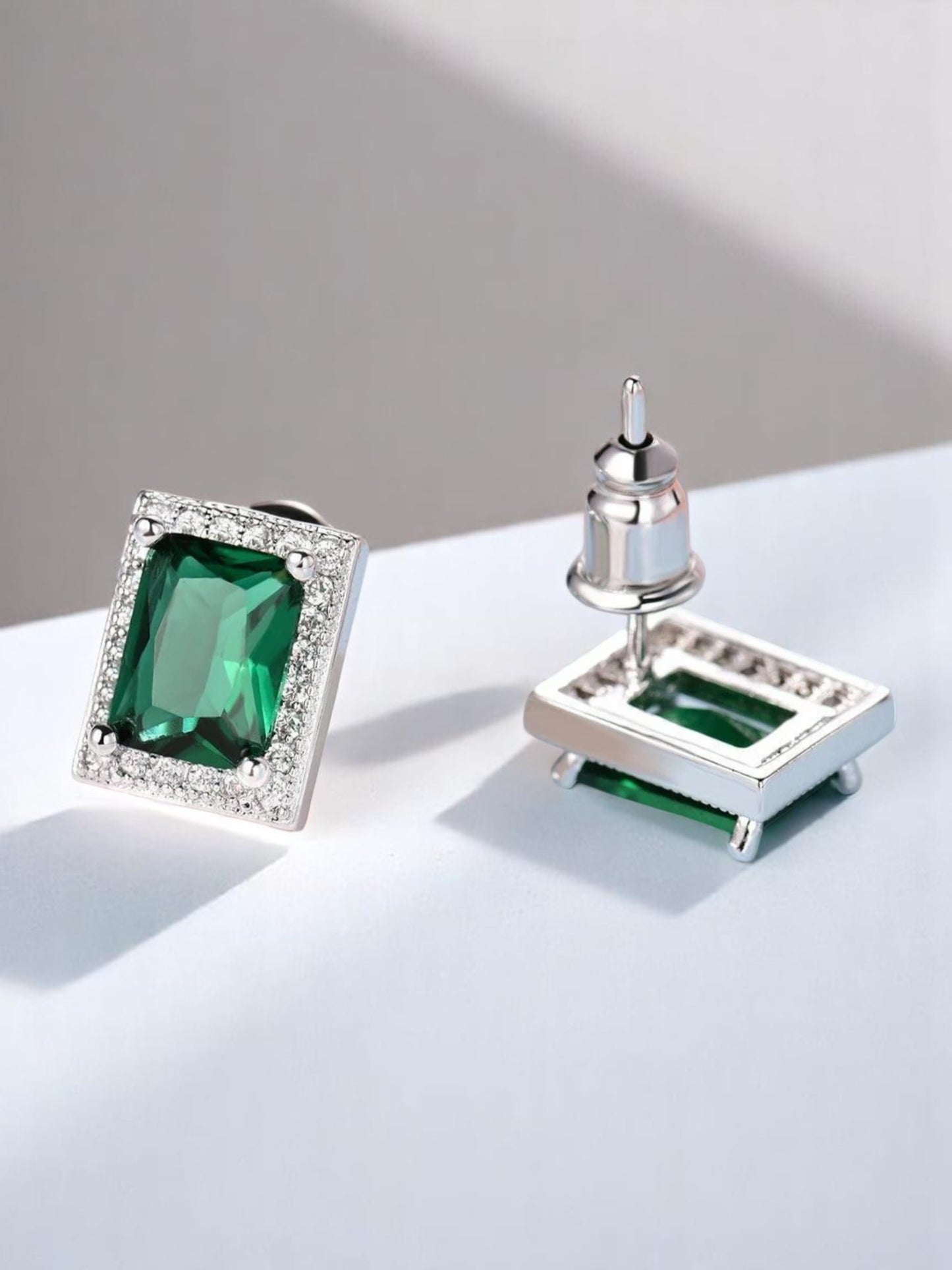 Green Emerald Halo Diamond Stud Earrings