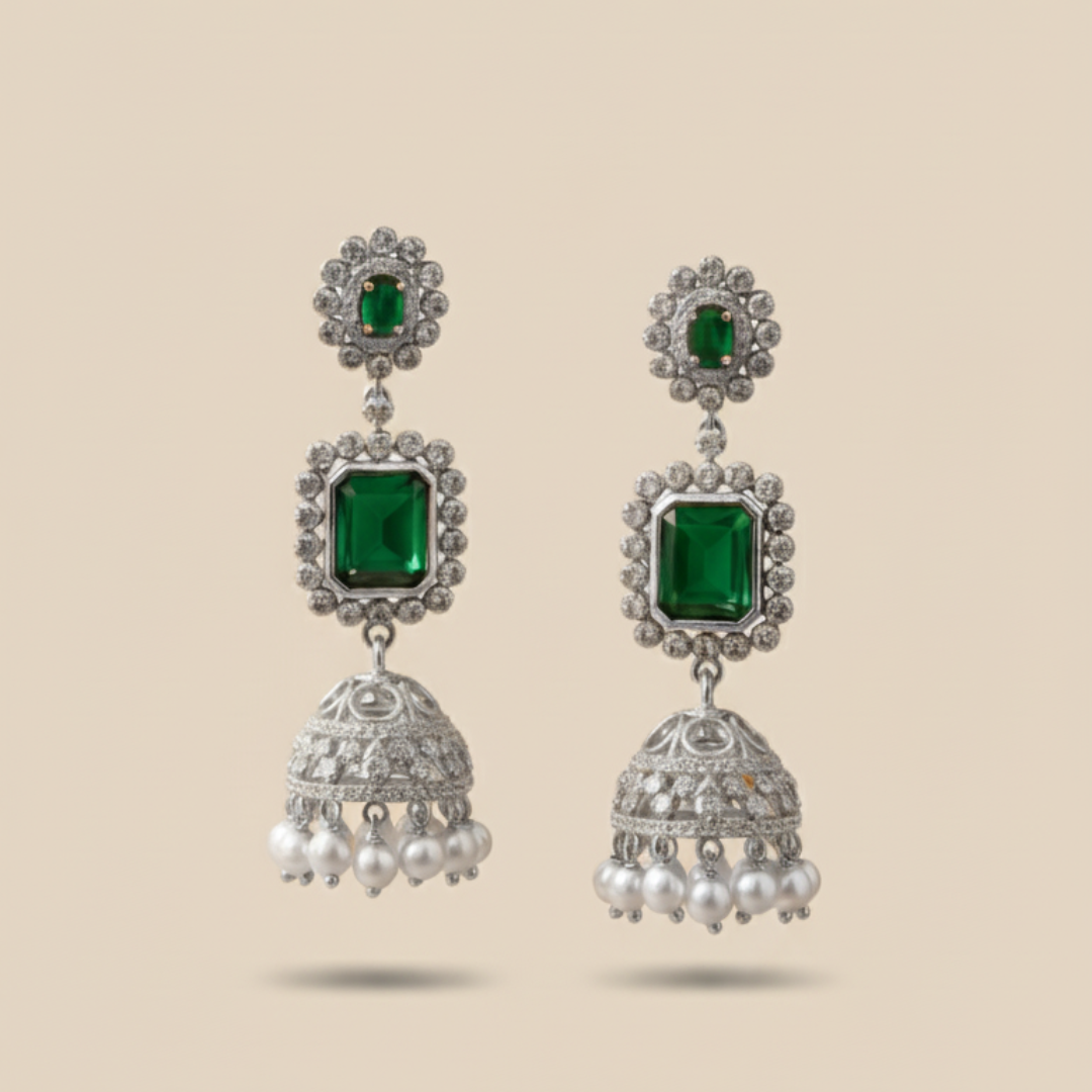 Green Gem Stone Bridal Jhumka Earrings