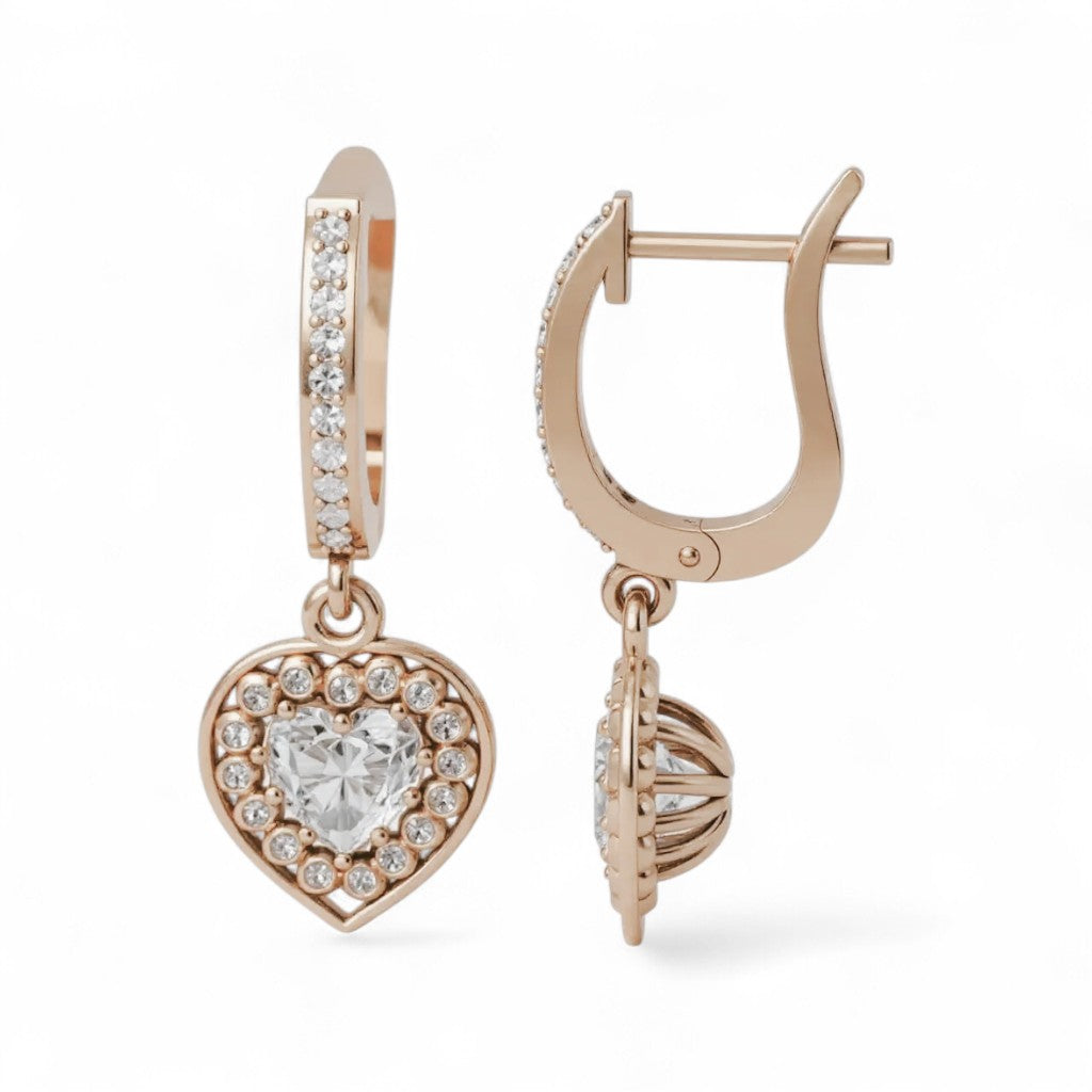 Gold Heart-Shaped Diamond Drop Earrings