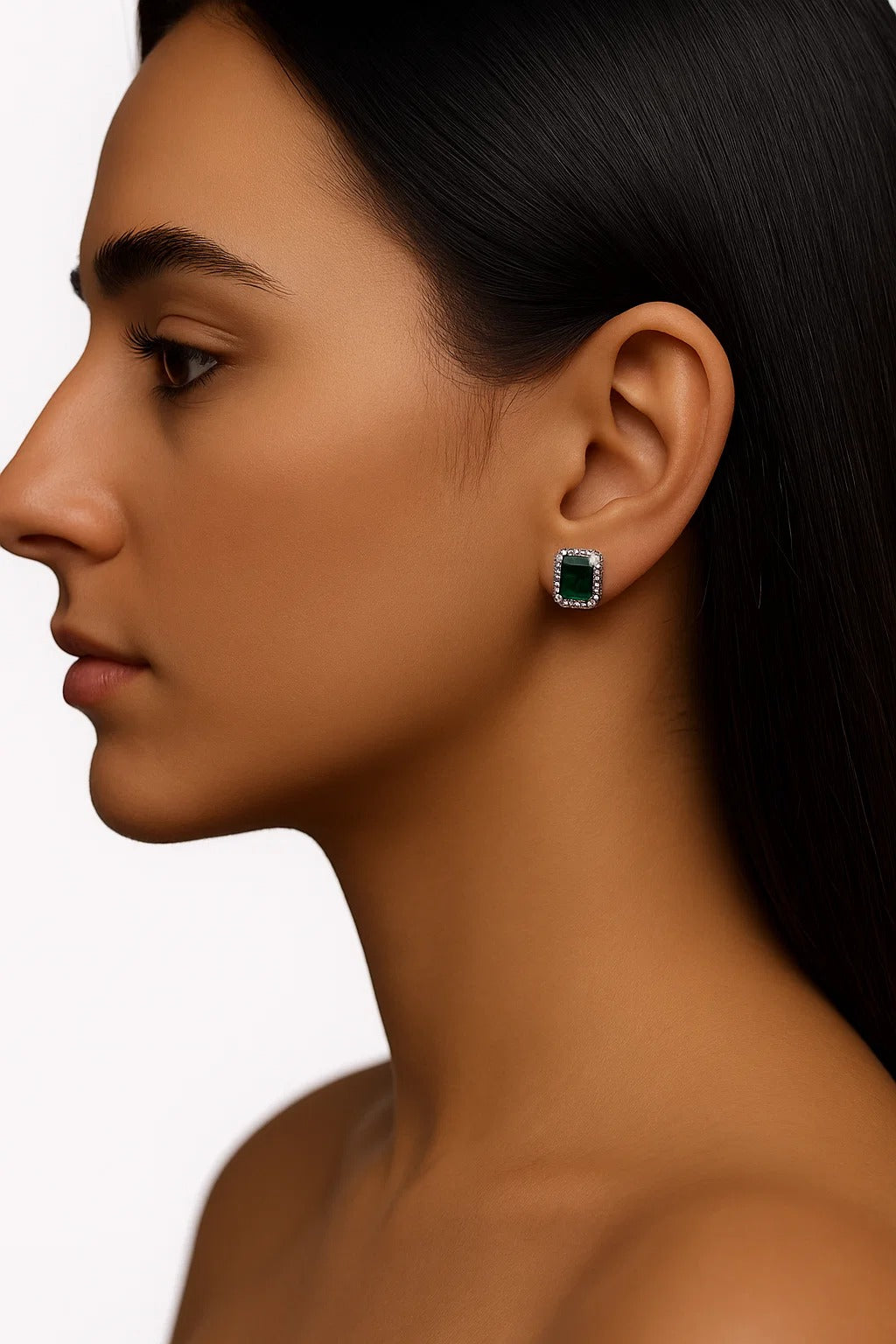 Green Emerald Halo Diamond Stud Earrings