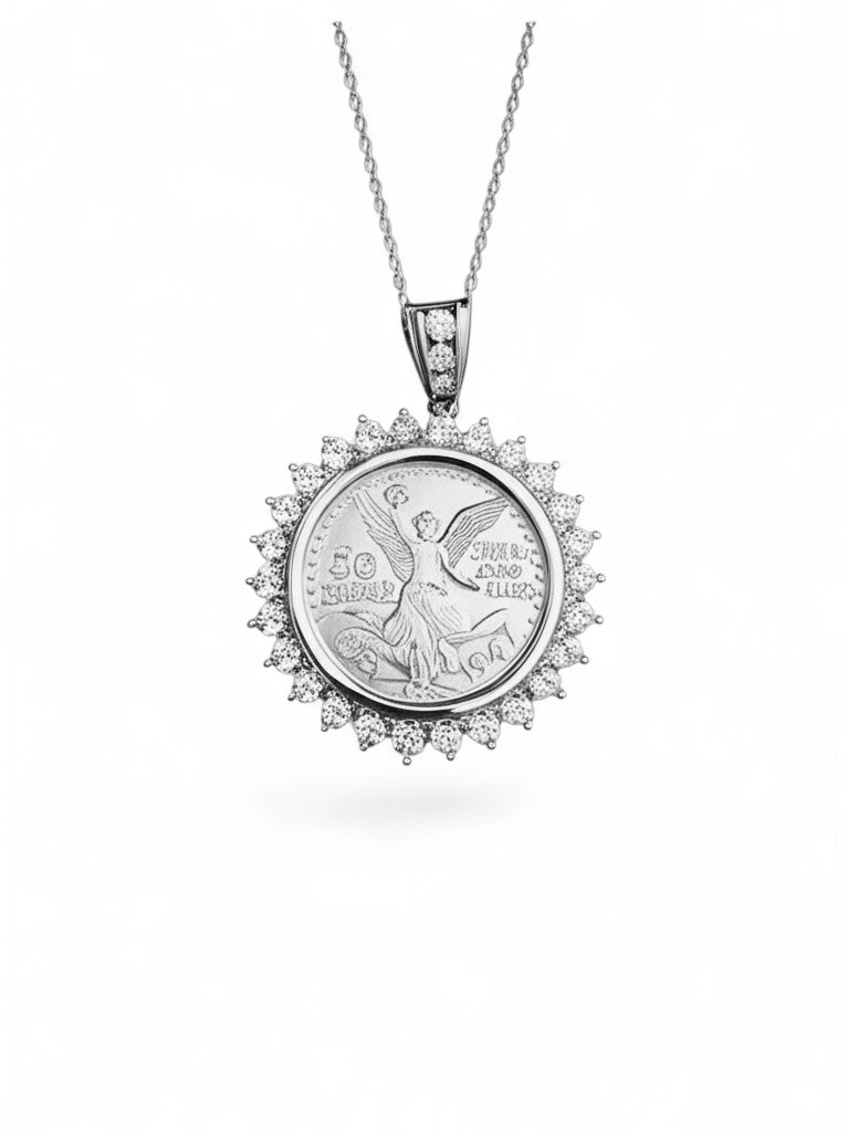 Mexican Coin Halo Large Gold and Diamond Pendant