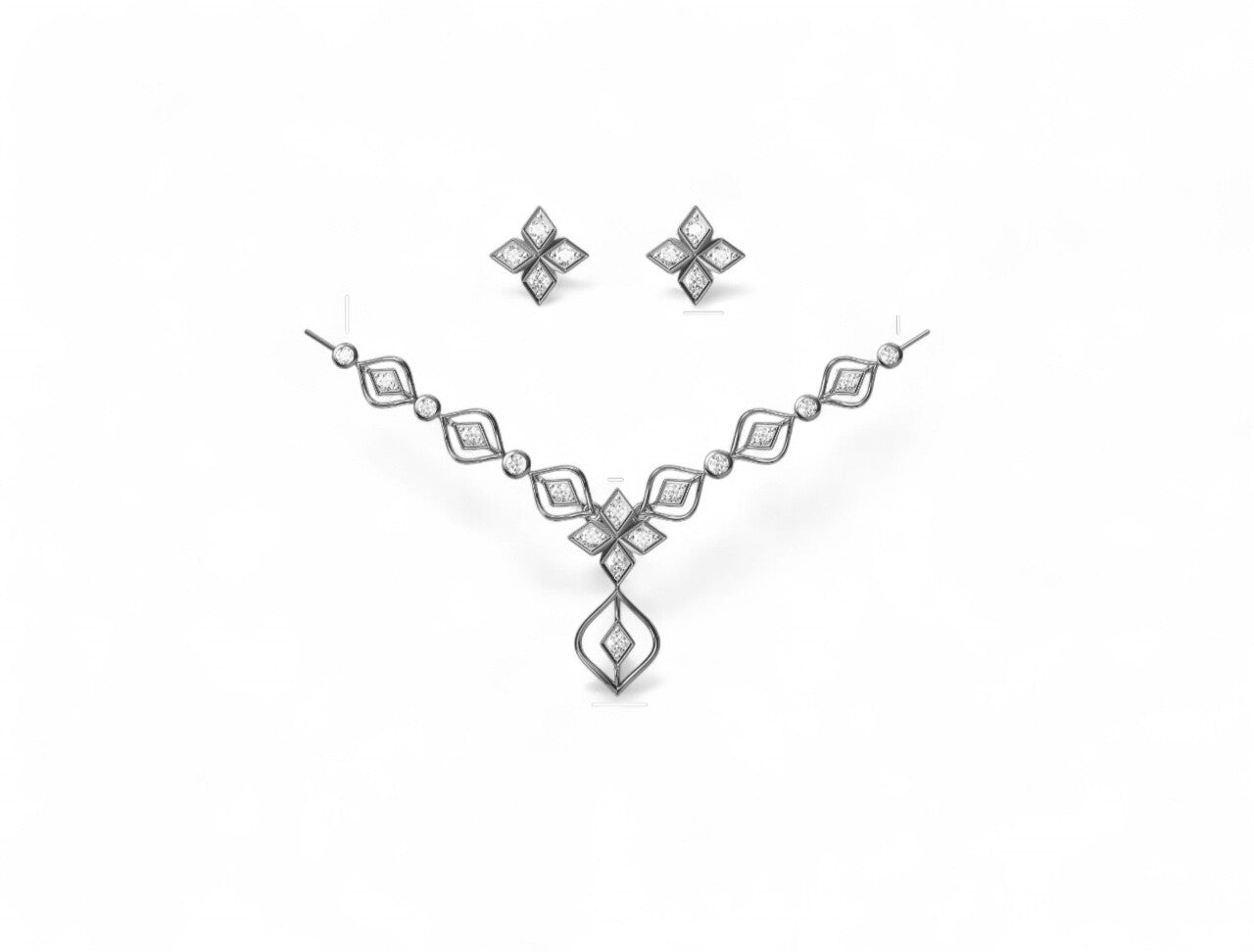 Modern Floral Design Gold Diamond Pendant Set with Earrings