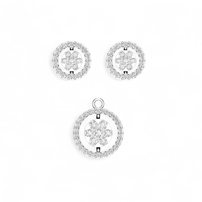 Floral Round Diamond Halo Pendant and Earrings
