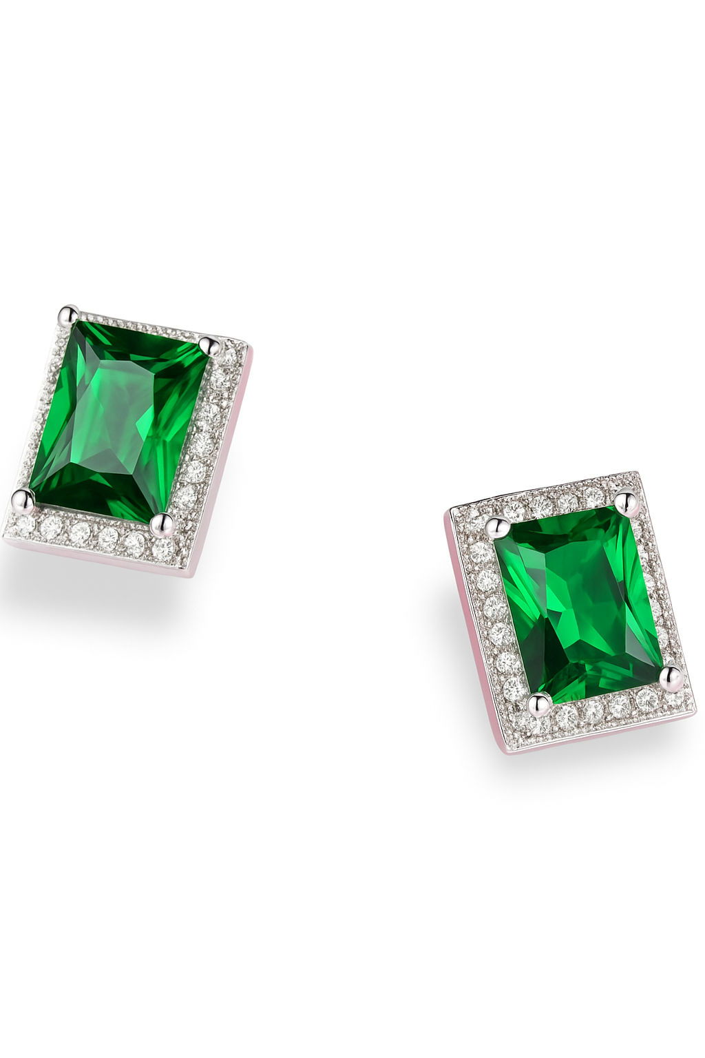Green Emerald Halo Diamond Stud Earrings