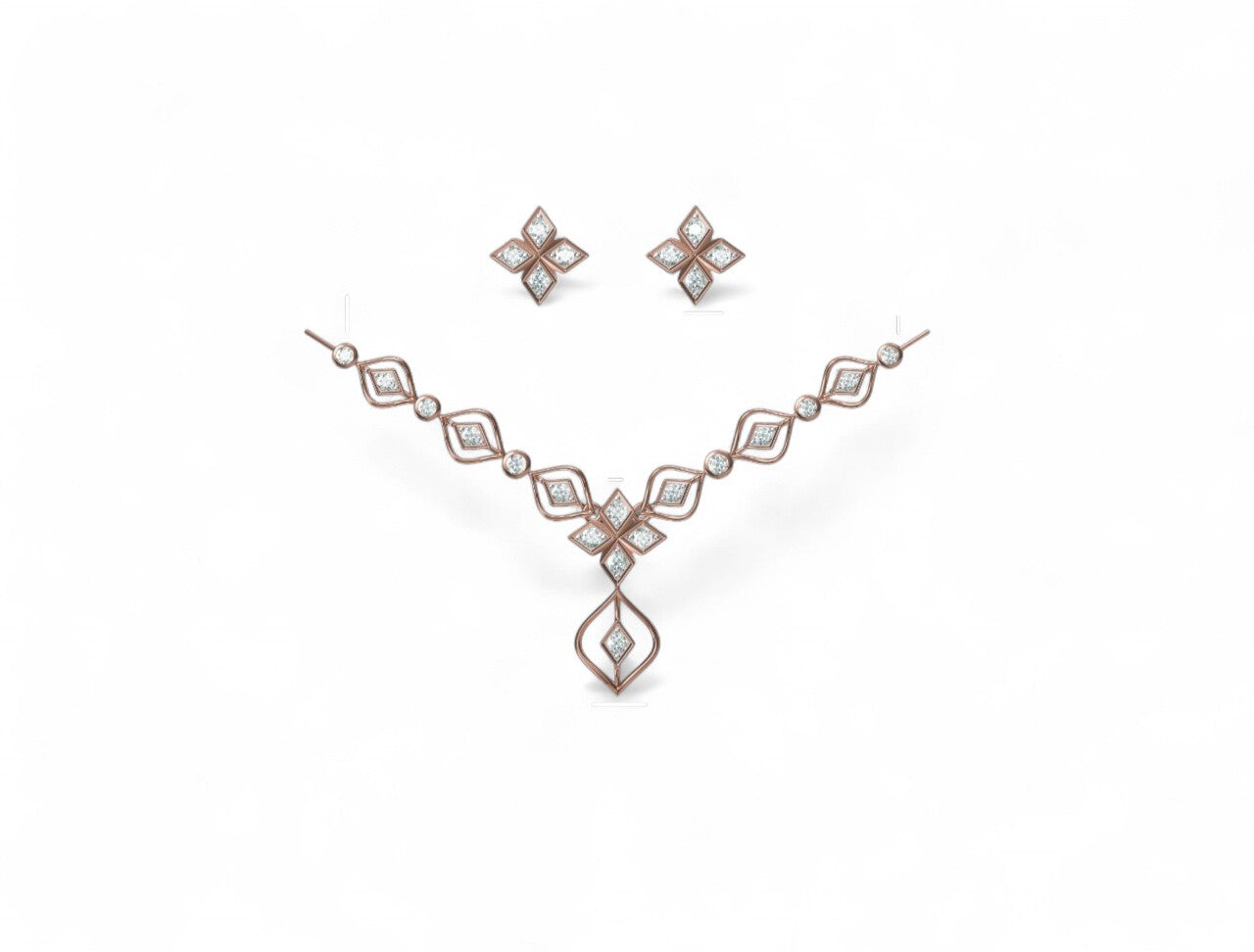 Modern Floral Design Gold Diamond Pendant Set with Earrings