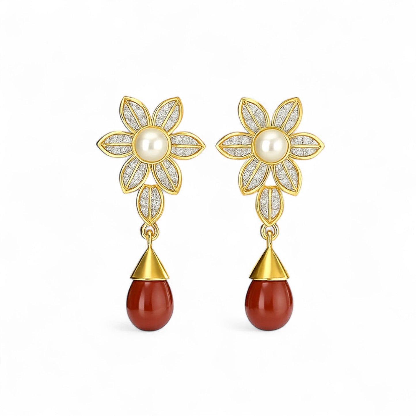 Red GemStone Floral Design Pendant With Earrings