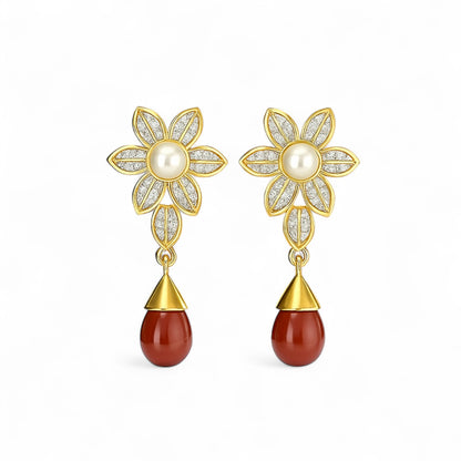 Red GemStone Floral Design Pendant With Earrings