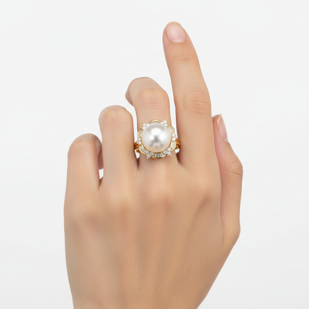 Classic Pearl and Diamond Baguette Ring