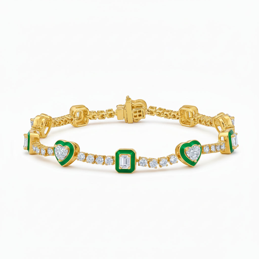 Emerald and Diamond Heart Motif Gold Bracelet