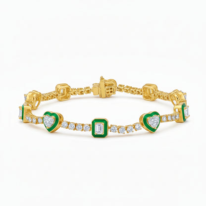 Emerald and Diamond Heart Motif Gold Bracelet