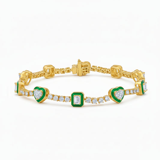 Emerald and Diamond Heart Motif Gold Bracelet