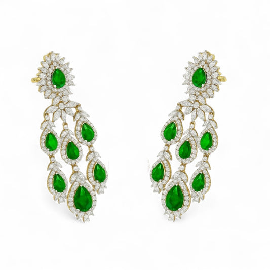 Designer Gold Emerald and Diamond Long Drop Earrings