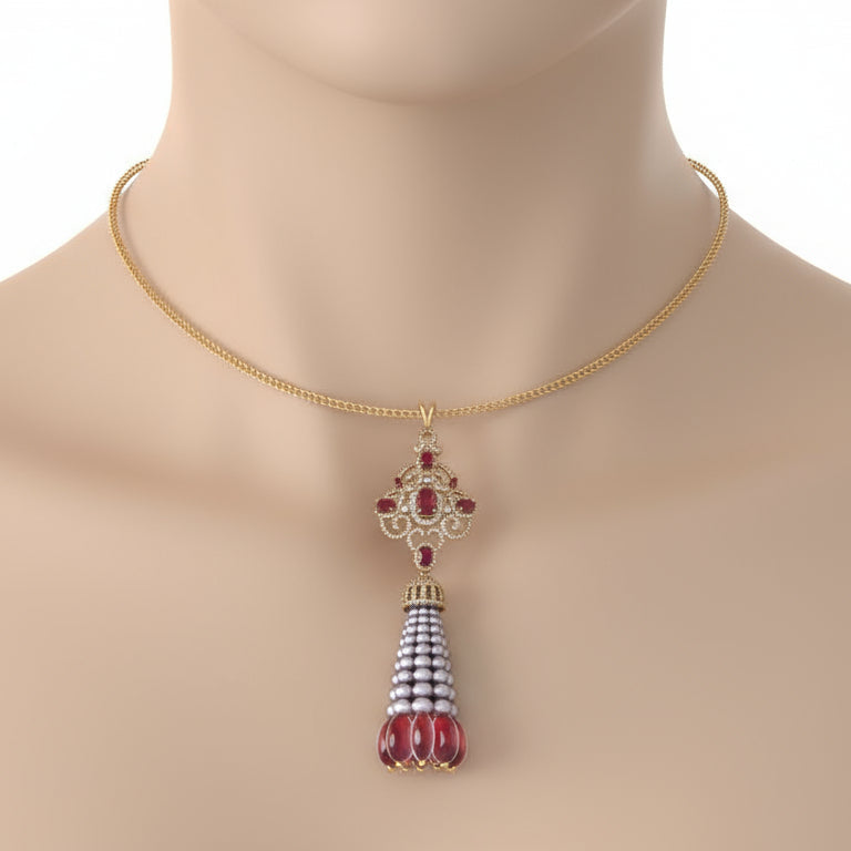 Antique Ruby and Pearl Diamond Pendant with Chain