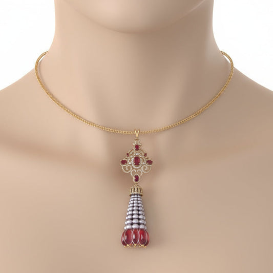 Antique Ruby and Pearl Diamond Pendant with Chain