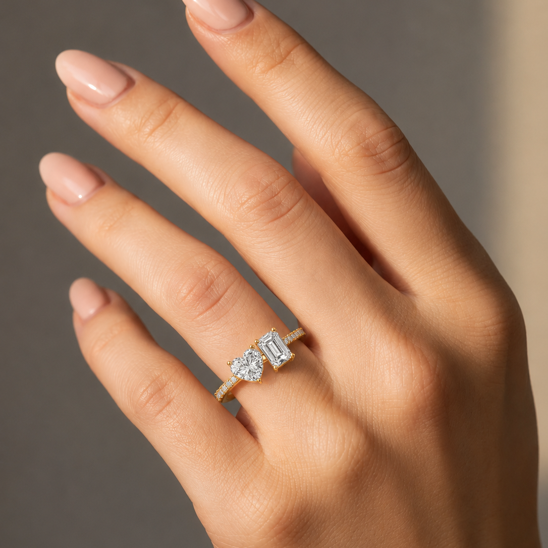 Discover our 1.9 Carat Heart & Emerald cut twin solitaire diamond ring. Crafted in BIS Hallmarked gold variants of 18Karat , 14Karat & 9Karat. Certified Real Lab Grown Diamond & Natural Diamonds. Toi et Moi" (Two-Stone) ring with a pavé band. Shop online.