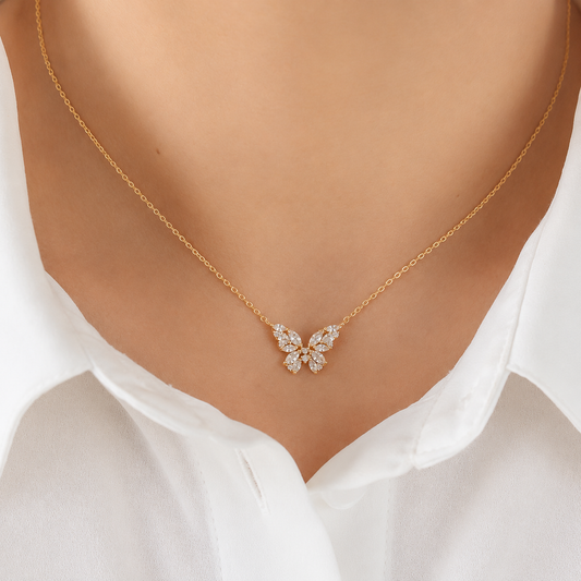 Embrace timeless elegance with our Butterfly Diamond Pendant, crafted in BIS Hallmarked 18Karat, 14Karat & 9Karat Gold. Featuring sparkling marquise, pear, and round diamonds, this nature-inspired pendant is available with Certified Real Lab Grown Diamonds & Natural Diamonds. A delicate gold butterfly pendant perfect for everyday wear, gifting, and special occasions. Shop online