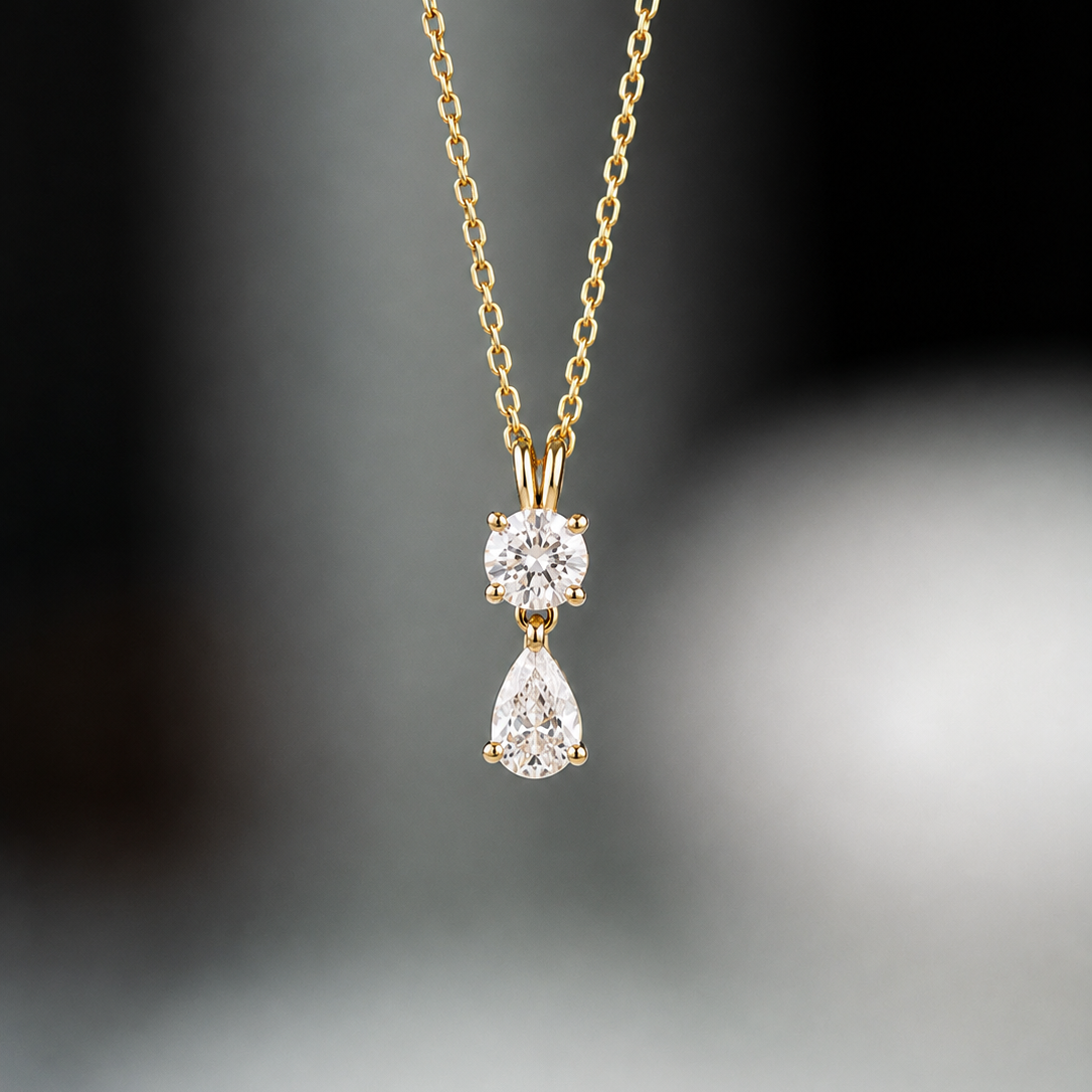 Dual Stone Round and Pear Drop Diamond Pendant