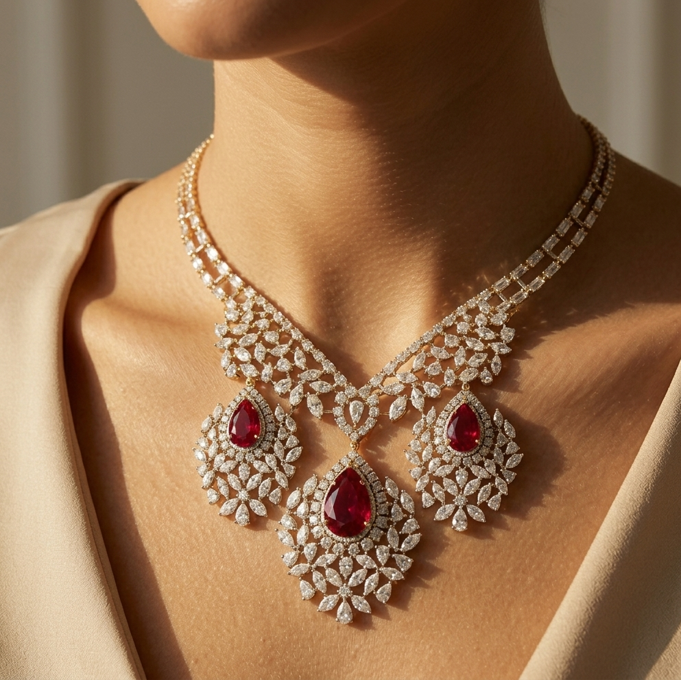 Luxury Bridal Statement Gold Ruby & Diamond Necklace