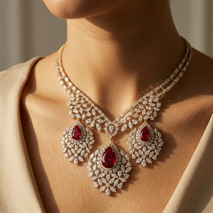 Luxury Bridal Statement Gold Ruby & Diamond Necklace