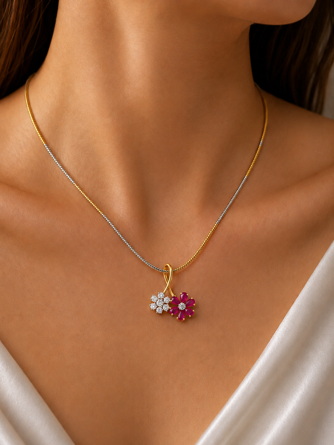 Gold Diamond Deep Rani Pink Floral Pendant