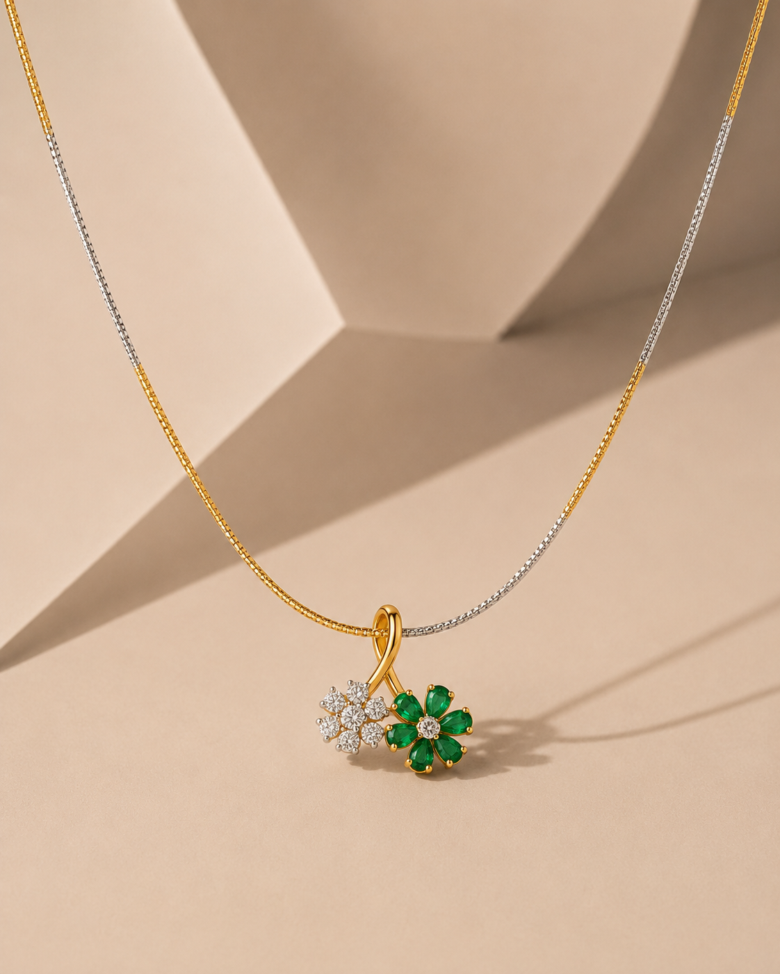 Gold Diamond Emerald Green Floral Pendant